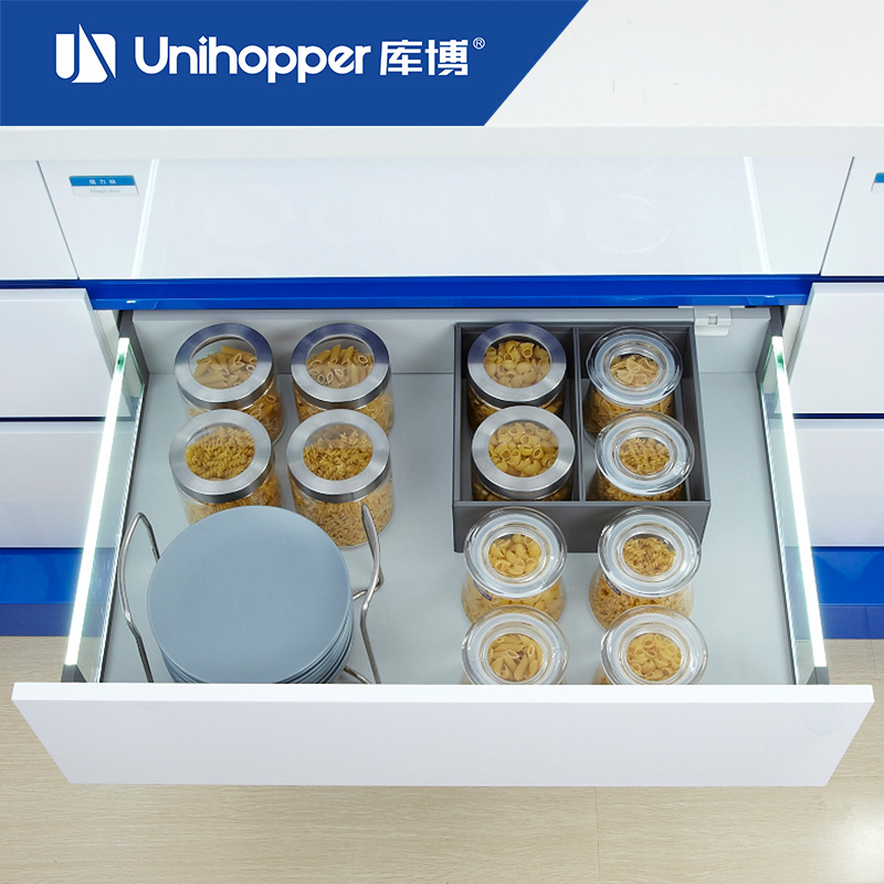 Unihopper库博LED玻璃定制抽屉轨道高帮阻尼缓冲骑马抽三节托底轨