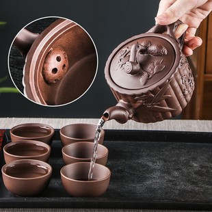 紫砂壶大容量宽口三友壶朱泥手工浮雕茶壶泡茶器功夫茶具茶杯套装