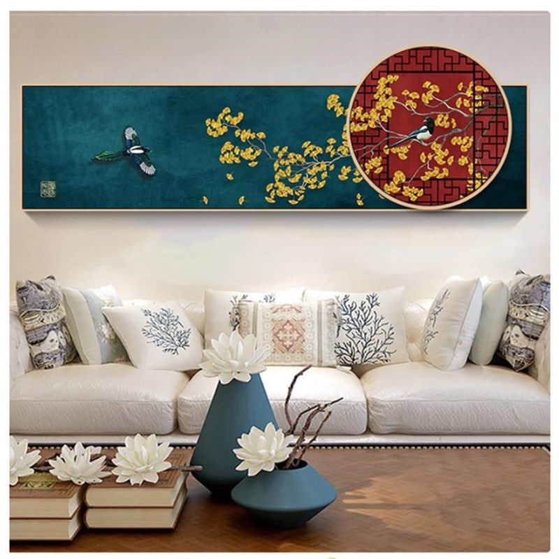 网红孔雀祥图客厅装画卧背室床头画新中式饰沙发景墙挂画中国风挂