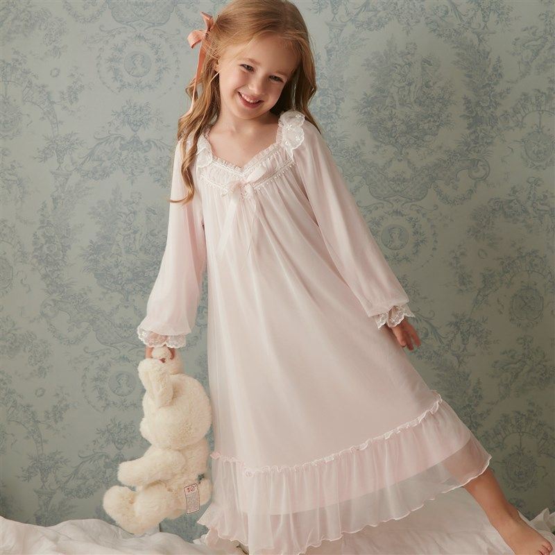 雪雅可女童睡裙儿童春秋季长袖公主风中大童女孩宝宝睡衣2023新款
