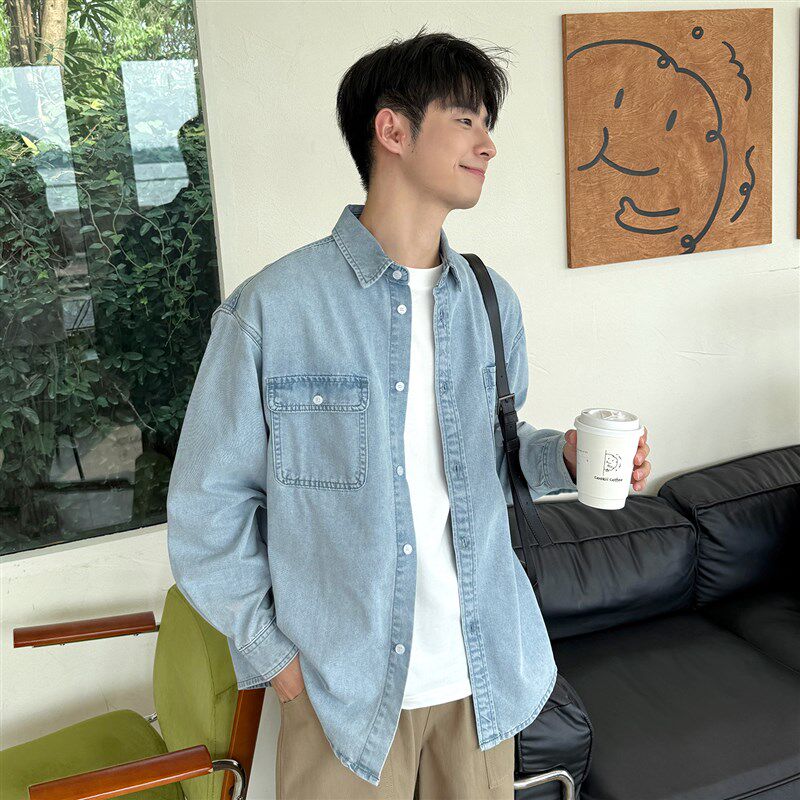 浅蓝色覆古水洗翻领牛仔衬衫长袖外套男生2025新款春秋季衬衫休闲