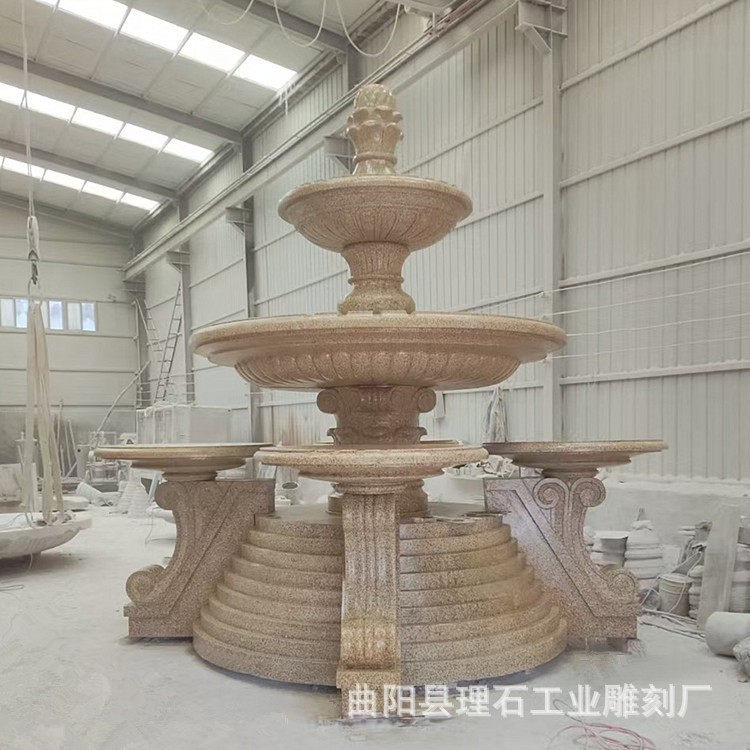 石雕喷泉花岗岩光面黄金麻整石打制跌水景观水钵雕塑小区庭院摆件