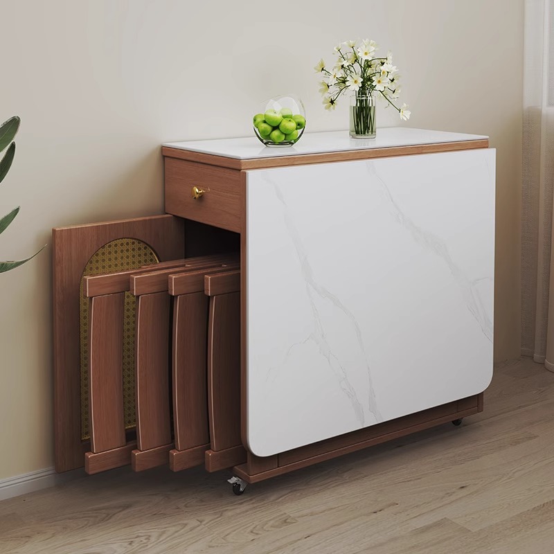 速发岩家型木餐桌椅组合风板用小户实可折叠方桌胡桃色藤编吃饭桌