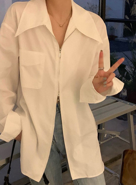 速发春秋装p众拉链白色法o领长袖设计感小式内搭打底上衣