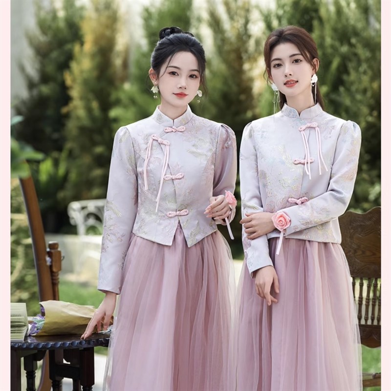速发中式伴娘服秀024秋冬新款粉色中国风婚礼姐礼团妹服改良2禾裙