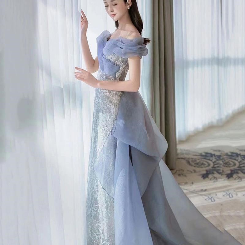 现货速发浅蓝色宴会礼服重工钉珠超仙轻奢鱼尾裙敬酒服年会一字肩