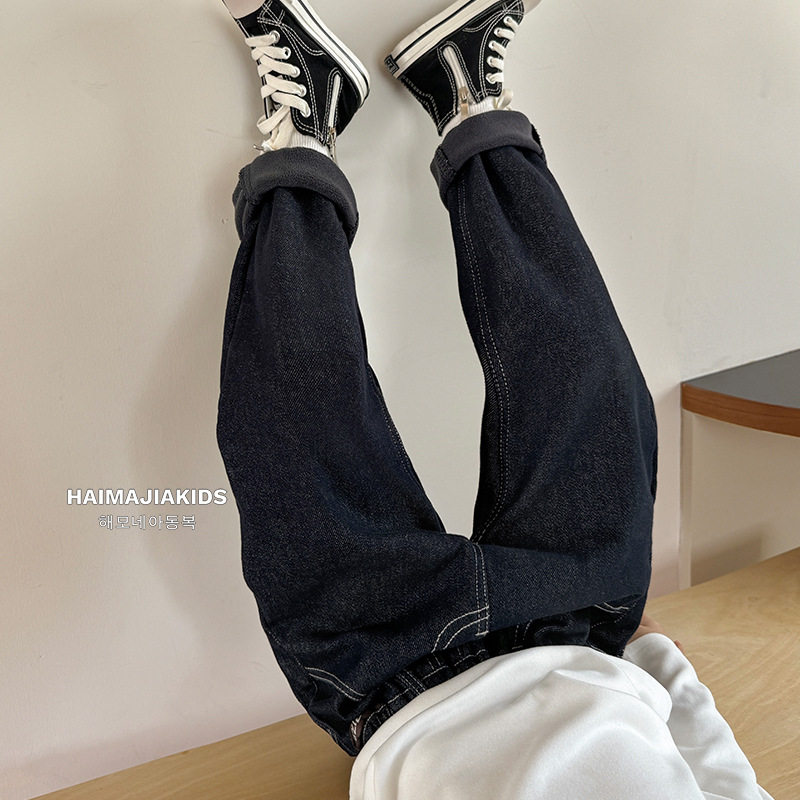 海妈家童装男童加绒牛仔裤2025冬装新款儿童加厚裤子中大童直筒裤
