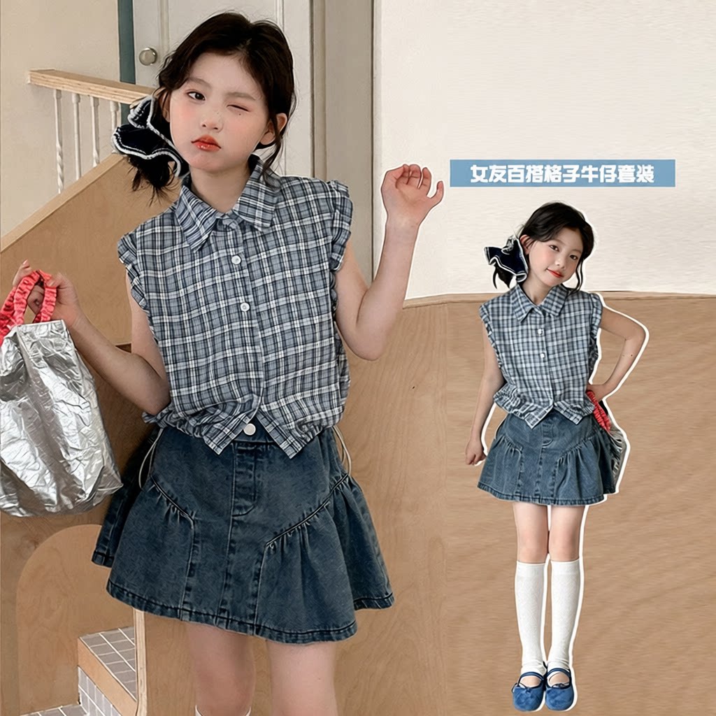 女童韩系夏装新款无袖格子衬衫牛仔裙短裙中大童时髦T恤半裙
