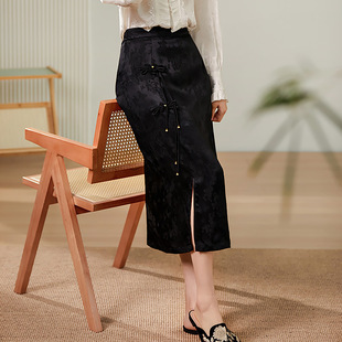 重磅提花半身裙女新中式长款高腰a字垂感直筒开叉一步包臀裙黑色