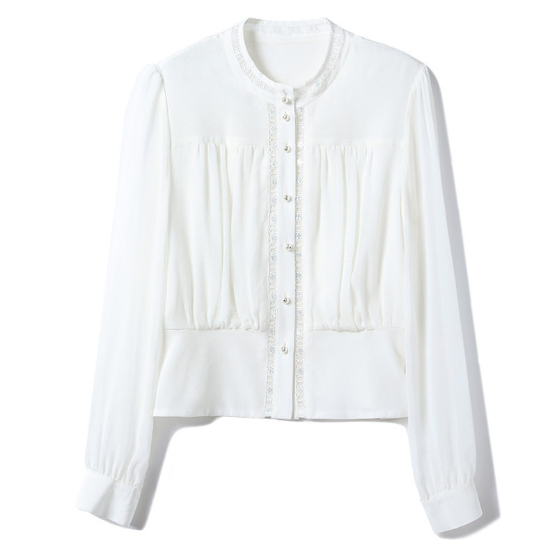 纯真丝桑蚕丝拼蕾丝长袖衬衫女早春穿搭年轻款气质上衣开衫