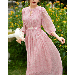 真丝桑蚕丝连衣裙2026新款女夏高端温柔风法式高腰大摆裙气质长裙