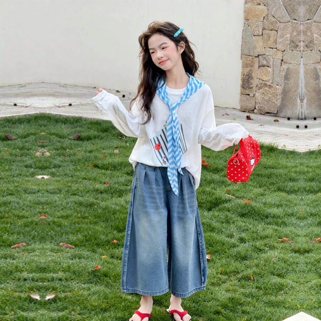女童2026年春夏新款轻薄防晒T恤套装送披肩牛仔七分裤显瘦打底衫