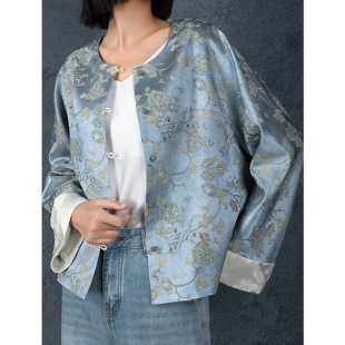 新中式羊毛真丝外套女穿搭复古设计感38姆米桑蚕丝提花国风上衣