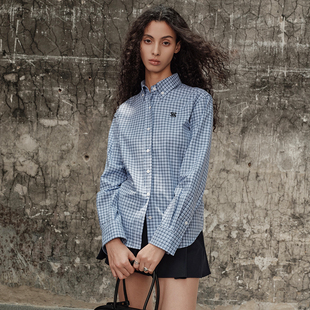 ANTIFORM背构 全棉摩登格子衬衣时髦知识分子衬衫复古蓝刺绣上衣