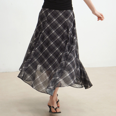 格纹雪纺A字长款气质半身裙秋季