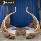 户外藤编休闲沙发茶几组合躺床室外花园景区民宿酒店防水防晒藤椅