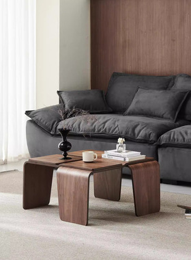 中古风小户型客厅现代胡桃色黑色正方形茶几设计师新款高级感矮桌