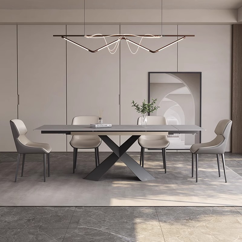 意式轻奢伸缩岩板餐桌可折叠长方形饭桌现代简约小户型家用餐桌椅