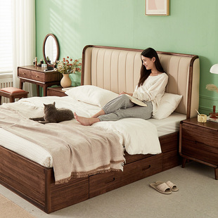 简约黑胡桃木床高箱储物床抽屉床实木床1.8米1.5米主卧床双人床