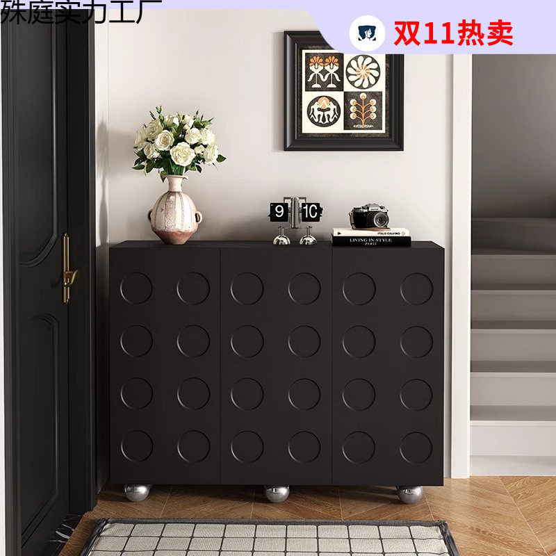 黑色复古鞋柜家用入户玄关柜北欧客厅收纳柜一体靠墙大容量储物柜