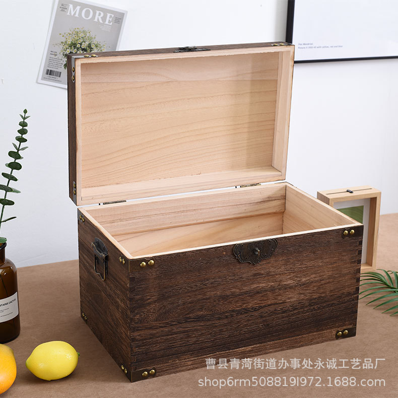 木质收纳箱复古翻盖带锁木盒收纳箱 家用收纳包装盒杂物整理木箱