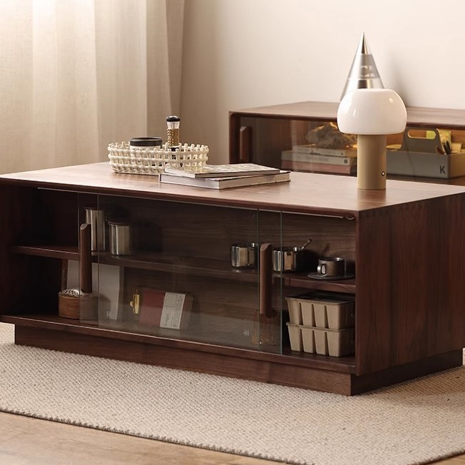 北美黑胡桃木实木茶几简约北欧客厅茶桌家用小户型多功能收纳茶几