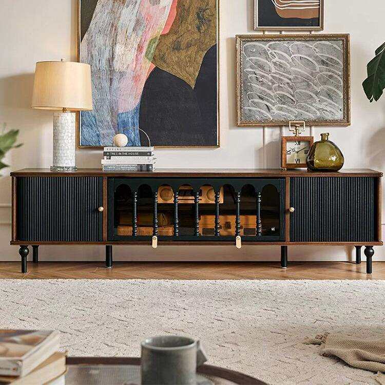 法式复古实木电视柜小户型客厅收纳储物柜一体黑色美式轻奢中古风