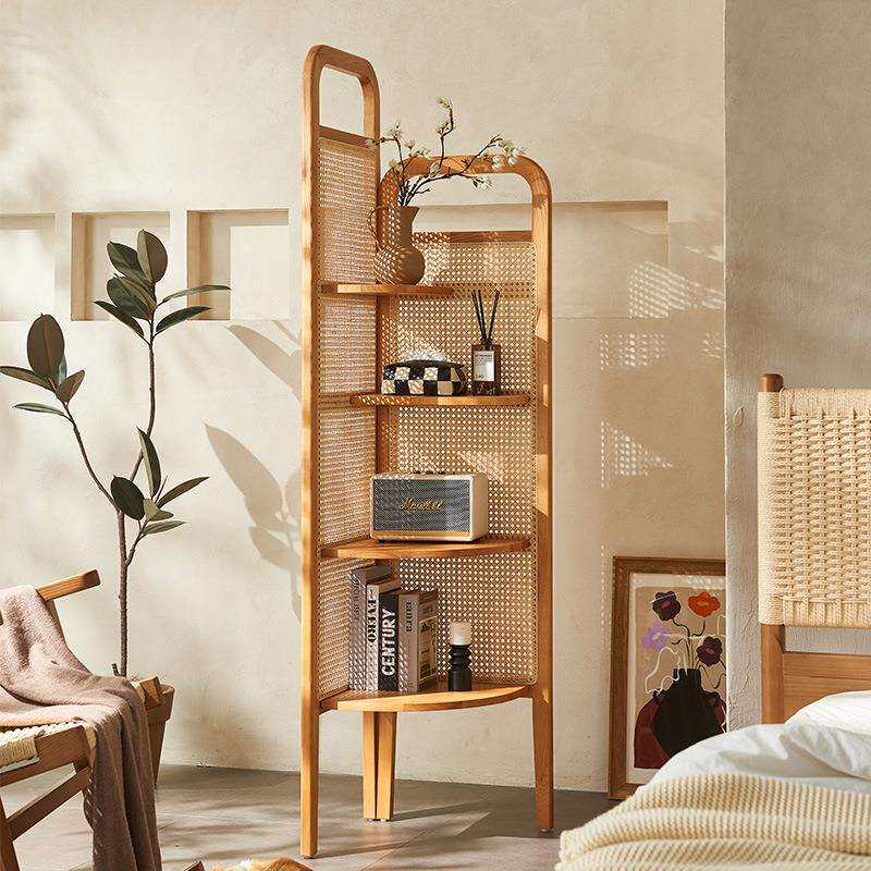藤编角柜置物架全实木落地书架可移动收纳三角形墙角转角柜墙拐角