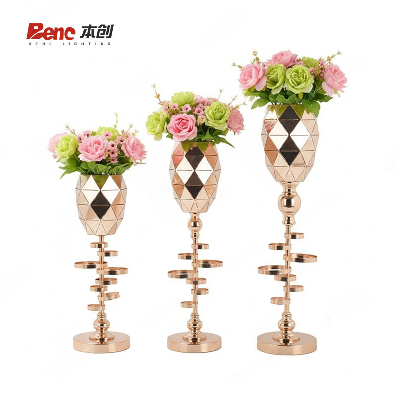 婚礼餐桌仿真花金色铁艺花瓶欧式婚礼路引花架节日派对玄关摆件