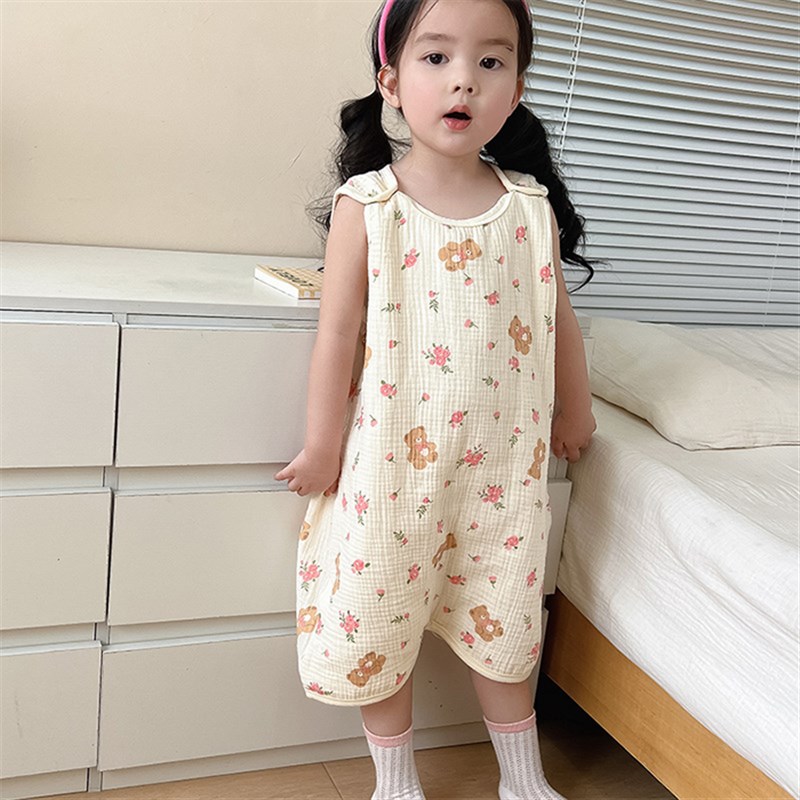 夏季背心式无袖宝宝睡袋纯棉纱布无骨男女儿童护肚防踢被连体睡衣