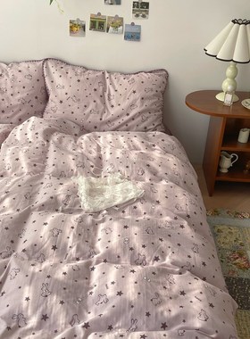 梨梦 晚安兔兔 可爱卡通纯棉双层纱四件套全棉床单被套床上用品