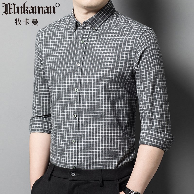 男士春秋纯棉长袖衬衫带领小格子衬褂全棉色织扣领青中年休闲衬衣