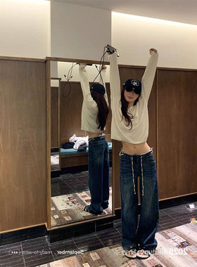 SUNONEONE 宽松阔腿压褶磨白系带毛边牛仔裤女秋韩系低腰休闲