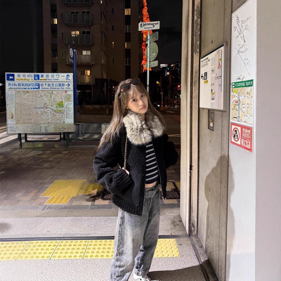 CEEYOU 定染毛领小颗粒羊羔毛外套冬黑色毛毛冬装2025新品