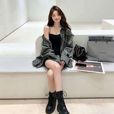 陈佳楠highlight四季新款满印复古牛仔外套女设计感小众衬衫
