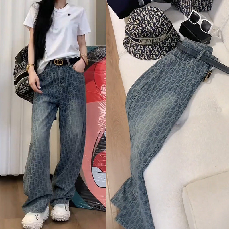 高级感满印牛仔裤女2025春季新款高腰显瘦直筒裤阔腿长裤子