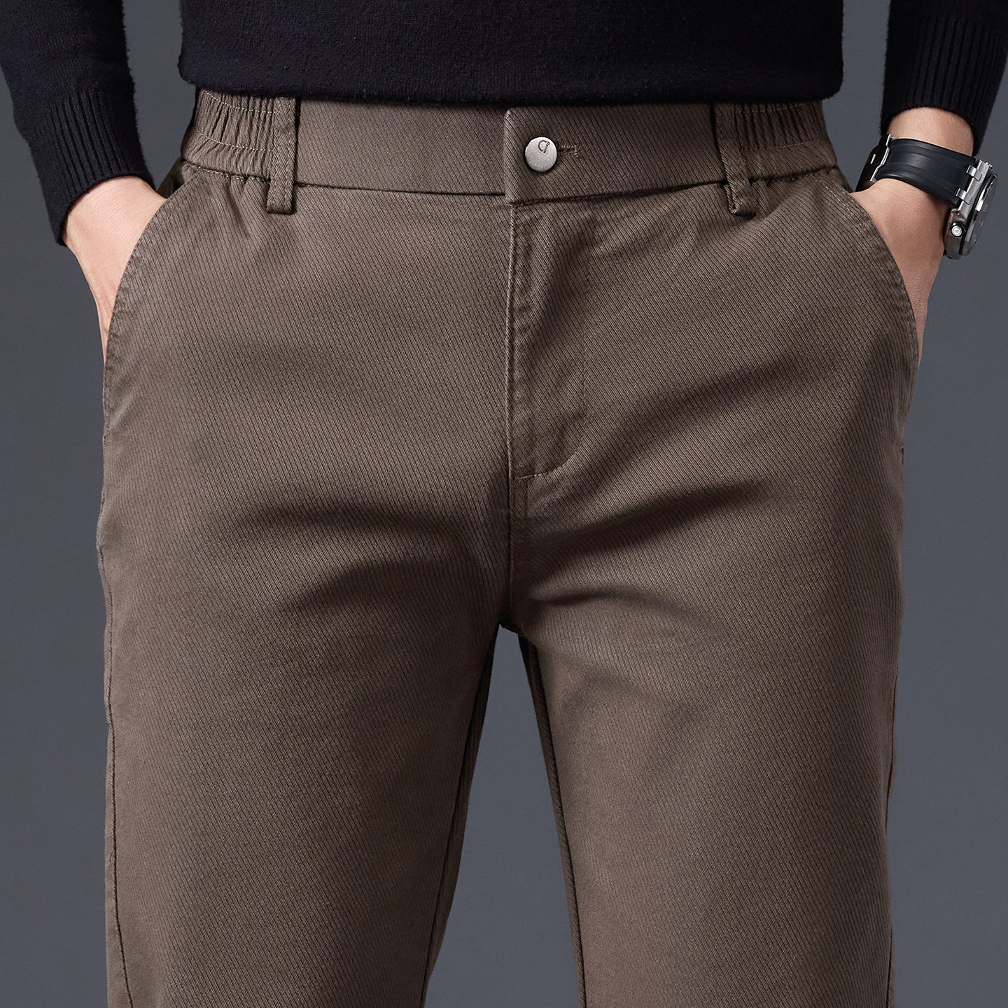 男士松紧腰休闲裤修身直筒男裤2026春夏新款咖色商务西装裤子男装