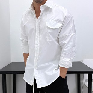 潮I男文艺基础休闲翻领开衫 阔版 衬衣打底四季 宽松纯棉长袖 男 衬衫