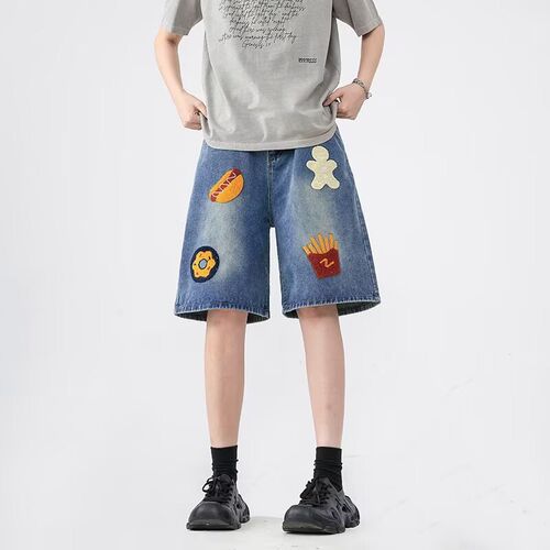 夏季薄款汉堡薯条毛巾绣牛仔短裤男女潮牌宽松直筒五分裤百搭五分