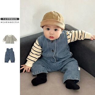 男童春秋季套装婴儿早春洋气牛仔背带裤女宝宝条纹上衣韩系两件套