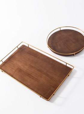 现代新中式金属实木收纳托盘家居客厅茶几工艺品陈列软装饰品摆件