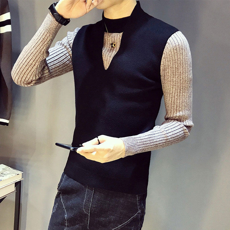 秋冬季男毛衣针织衫修身韩版冬装外套时尚网红小伙潮牌假两件上衣