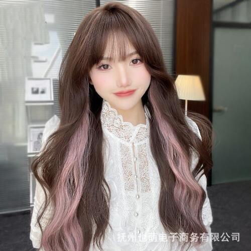 假发女长发时尚网红挂耳染薄藤色长卷发挑染大波浪蓬松自然全头套