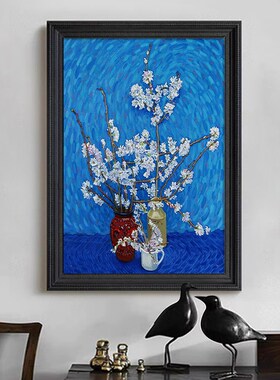 新中式复古花瓶摆件高级感手绘油画客厅玄关蓝色系装饰品花卉挂画