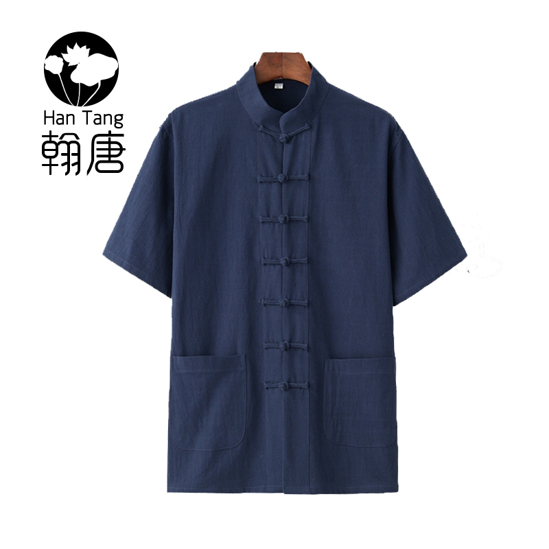 夏季棉麻唐装男短袖民族风中式汉服中老年休闲衬衫爷爷大码中山装