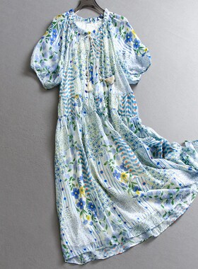 蓝色碎花舒适透气宽松显瘦系带领2025夏季新款短袖女裙洋装C622