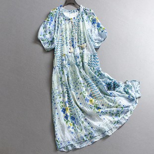 女裙洋装 短袖 C622 新款 蓝色碎花舒适透气宽松显瘦系带领2025夏季