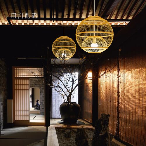 新中式禅意吊灯创意竹丝圆形日式田园茶室灯具手工编织饭店餐厅灯