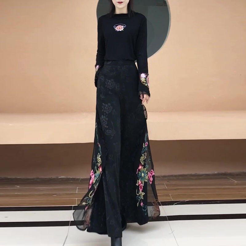 2025春季新款新中式刺绣阔腿裤裙裤女民族风缇花缎面气质高腰长裤