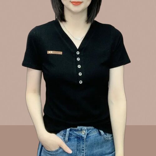 2024夏季新款纯棉短袖t恤女V领黑色短款上衣洋气漂亮小衫宽松体恤
